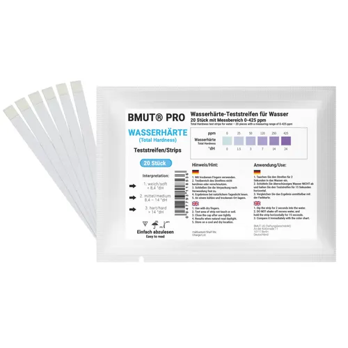 BMUT 20x Wasserhärte Teststreifen Testkit - °dH Deutscher Härtebereich in weich, mittel und hart sowie 0-425 ppm, Gesamthärte
