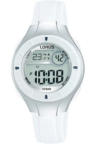 Lorus Kinderuhr R2349PX9 - Stylische und funktionale Zeitmesser für kleine Abenteurer - Die Lorus R2349PX9 Kinderuhr bietet ein robustes Design mit einem leichten Kunststoffgehäuse und einem weißen Silikonarmband. Ideal für den Alltag, mit Funktionen wie Stoppuhr, Alarm und wasserdicht bis 10 ATM.
