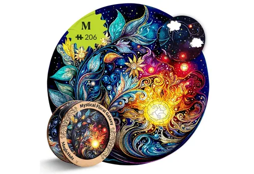 MagicHolz Holzpuzzle Mandala Mystische Blumen – Rundes Puzzle Ø 27 cm - Klassisches Puzzle aus nachhaltig angebautem Holz, inkl. Premium Box. Erlebe ein visuell stimulierendes Puzzlevergnügen mit 206 einzigartigen Teilen – perfekt zum Verschenken!