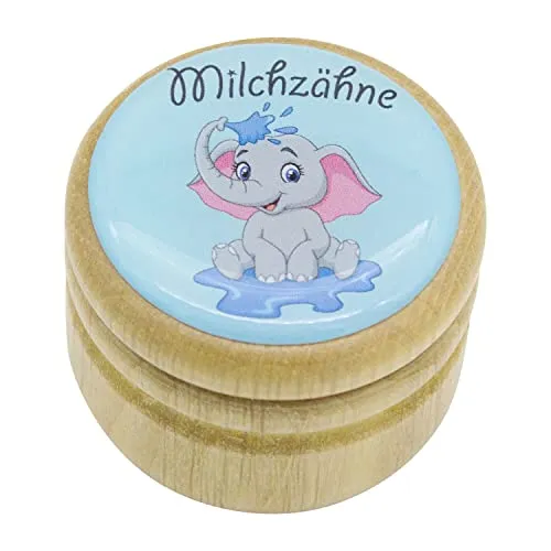GICO Milchzahndose, Zahndose Milchzähne Bilderdose mit diversen Motiven aus Holz für Jungen und Mädchen mit Drehverschluss 44 mm (Elefant)
