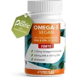 Omega-3 vegan FORTE - 60 Kapseln - Omega 3-6-9 Öl mit 2000 mg hochdosiertem Algenöl pro Tag, reich an DHA und EPA, unterstützt Herz- und Gehirnfunktion, laborgeprüft, made in Germany.