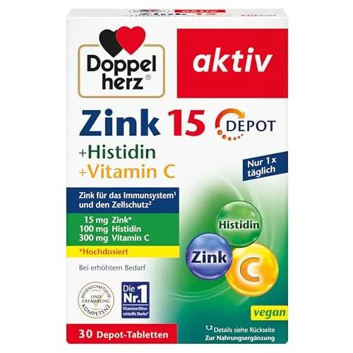 Doppelherz Zink 15 + Histidin + Vitamin C Tabletten - Zinkpräparate zur Unterstützung des Immunsystems, stärken Vitalität und Widerstandsfähigkeit gegen Stress und Umwelteinflüsse.
