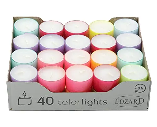 EDZARD Wenzel Colorlights Summer Teelichte - 40 Stück mit bunter Kunststoffhülle - Teelichter mit langer Brenndauer von 7-8 Stunden, ideal für stimmungsvolle Beleuchtung. Hergestellt aus 70% Paraffin und 30% nachwachsenden Rohstoffen. Sicher und selbstlöschend - perfekt für jede Gelegenheit.