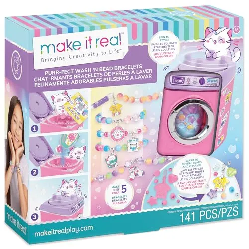 Make It Real: Purr-FECT Wash 'N Bead Armbänder – 141-teilig, DIY-Schmuck-Bastelset, Design-Make 5 Charm-Armbänder, Spin to Style, Perlenreinigung, Kinder ab 8 Jahren