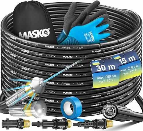 MASKO® Premium Rohrreinigungsschlauch Set Abflussreiniger 30m, 200 bar inkl. Isolierband, Tasche 3 Adapter 2 Düsen kompatibel mit Kärcher k2-k7 LAVOR Hochdruckreiniger Rohrreinigungsset + Handschuhe