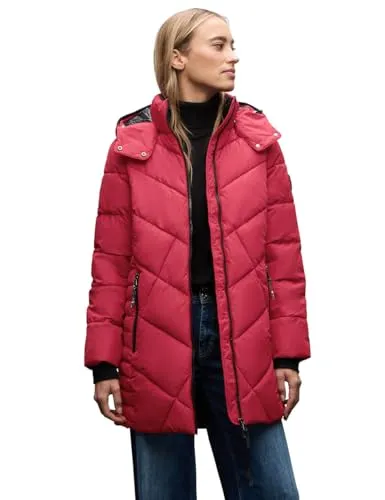 Street One Damen 2005448 Steppjacke in Midi-Länge, Carpet red, 34 - Funktionsjacke mit abnehmbarer Kapuze und modischem Steppmuster, ideal für kalte Wintertage und praktische Zipper-Taschen.