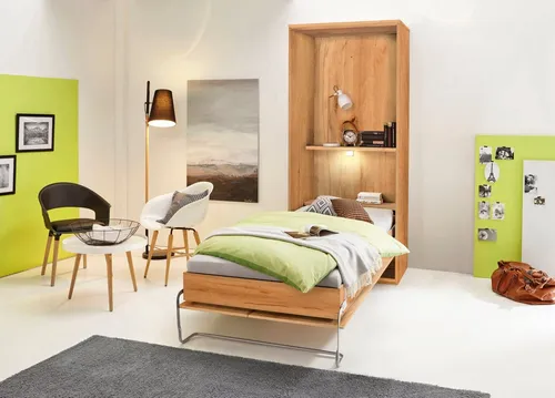 Schrankbett PRIESS "Ancona" mit LED-Beleuchtung - Betten: Schrankbett aus astkernbuchefarbenem Holzwerkstoff, platzsparend mit integriertem Regal und energiesparender LED-Beleuchtung – ideal für kleine Räume.