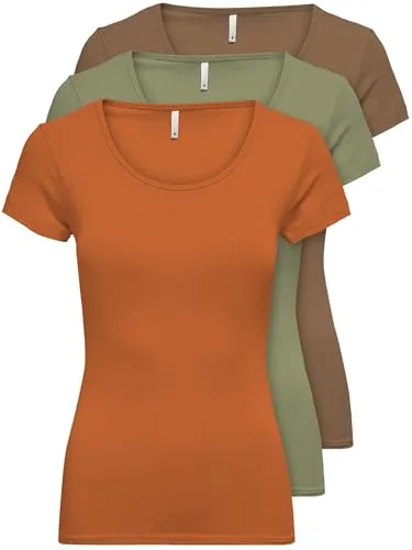 ONLY 3er Pack Damen T-Shirt 15209153 Farb Mix 8-M - T-Shirts für Damen: Klassische Rundhals-Shirts aus hautfreundlicher Baumwolle mit Stretch für perfekten Sitz. Ideal für jedes Outfit und jeden Anlass, von casual bis elegant.
