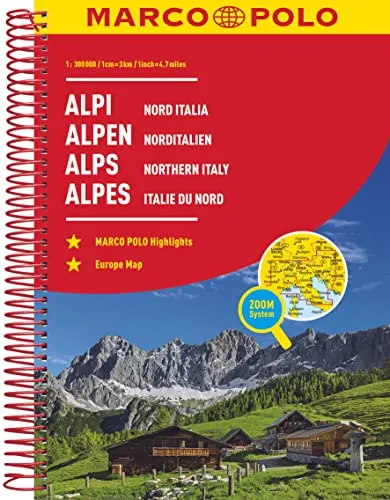 MARCO POLO Reiseatlas Alpen, Norditalien 1:300.000: Straßenatlas und Autoatlas mit Europa in 1:4,5 Mio. Spiralbindung