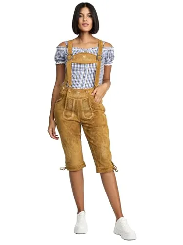 Steigenhöfer Damen Lederhose Clara - Traditionelle Trachten Shorts aus 100% Rindsleder - Die Damen Lederhose Clara aus robustem Rindsleder vereint Tradition und Komfort. Dank verstellbarer Träger und praktischen Taschen ist sie ideal für jedes Fest und bietet einen perfekten Sitz.
