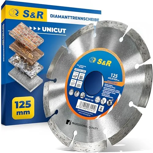S&R Universal Diamanttrennscheibe 125 mm UNICUT, Für Winkelschleifer, zum Trennen von Beton, Naturstein, Ziegel & Gestein, Trockenschnitt, 10 mm Segmenthöhe, Bohrung 22,23 mm, extra lange Standzeit