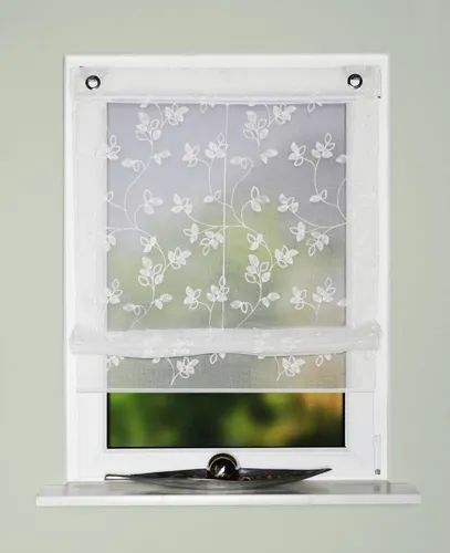 Bändchenrollo Öse Dolly bestickt Blätter 80x130cm - Stilvolles Raffrollo in weiß mit transparenter Leinenstruktur und hübscher Stickerei. Ideal für eine einfache Montage ohne Bohren, perfekt für jedes Fenster. Waschbar bei 30°C, inklusive Aufhängehaken und Beschwerungsstangen.