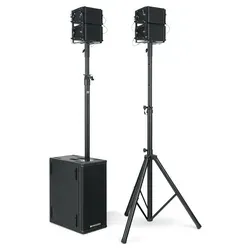 Pronomic V-Array PA-System 2.1 mit 640 Watt - Aktives Lautsprechersystem für bis zu 100 Zuhörer, ideal für Veranstaltungen mit 3-Wege-Konfiguration und umfassendem Zubehör.