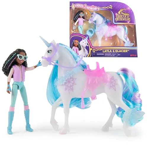 Unicorn Academy - Layla und Einhorn Glacier Set, 12 cm Figuren für Kinder - Erlebe die magische Welt der Unicorn Academy mit Layla und Einhorn Glacier! Die beweglichen Figuren fördern Kreativität und fantasievolles Spielen. Inklusive abnehmbarem Sattel und Zubehör für authentische Rollenspiele.