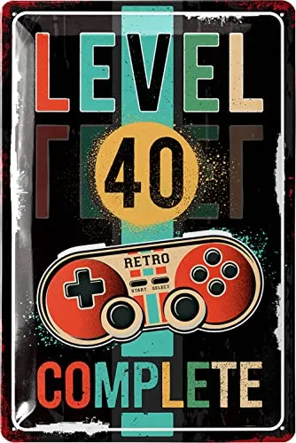 LANOLU Retro Blechschild - 40 Schild Geburtstag - LEVEL 40 COMPLETE - 40 Jahre Geburtstag Deko Mann, lustiges Geburtstagsschild 40, Gamer Geburtstagskarte 40, 20x30 cm