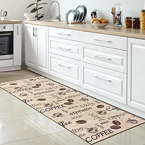 CARPETIA Küchenteppich Coffee Cappuccino 80 x 250 cm - Waschbarer und rutschfester Küchenläufer in Beige-Braun, ideal für stark frequentierte Räume. Strapazierfähig und pflegeleicht, sorgt er für eine hygienische und sichere Umgebung.