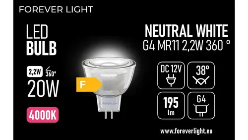 Żarówka LED G4 MR11 38 2.2W 195lm 4000K 12V szklana klasa F Foreve 5907504519821