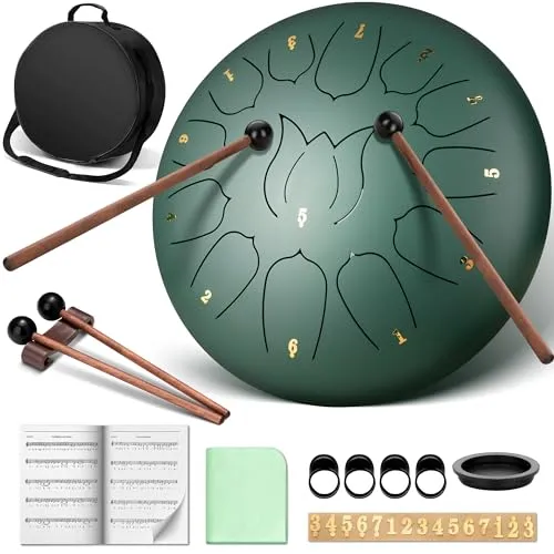 CAHAYA Steel Tongue Drum 12 Zoll 13 Töne - Steel Pan Schlaginstrument für Meditation und Yoga, ideal für Anfänger mit Notenbuch und Zubehör für einfaches Erlernen.