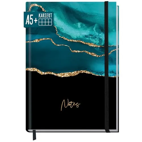 paper&you® Notizbuch A5+ kariert mit Gummiband "Shiny Teal" 156 Seiten, 78 Blatt, als Bullet Journal, Tagebuch, Notizheft - nachhaltig & klimafreundlich