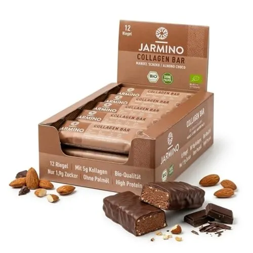 Kollagen Riegel High Protein Bar Almond Chocolate 12x55g - Proteinriegel: Leckerer Mandel-Schoko-Geschmack mit 14g Protein und nur 1,9g Zucker pro Riegel. Glutenfrei und palmölfrei, ideal für gesundheitsbewusste Genießer!