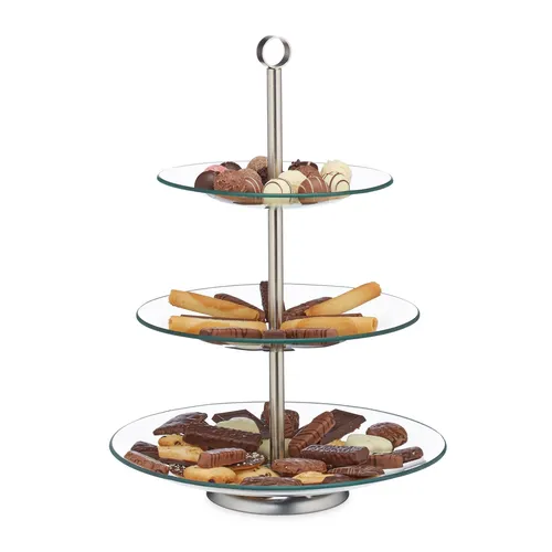 Relaxdays Etagere Glas Servierständer - 3-stöckiger Tortenständer aus lebensmittelechtem Glas und Edelstahl, ideal für Hochzeiten und Feste. Stilvolles Design für eine ansprechende Präsentation Ihrer Leckereien.