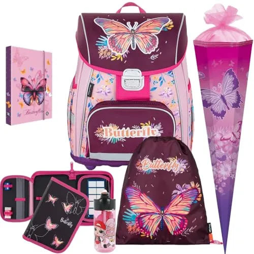 Pridera Oxybag Butterfly - Premium Light Schulranzen-Set 6tlg. - Vielseitiges Schulranzen-Set mit Schmetterlingsdesign, inklusive Trinkflasche und Schultüte. Ideal für den täglichen Einsatz, leicht und funktional.