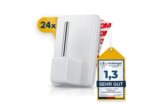 NEUFELD® 24 Gardinenhaken selbstklebend weiß - Ideal für Vorhänge ohne Bohren - Mehrzweckhaken mit extra starkem 3M Kleber, einfach anzubringen und perfekt für Vorhänge sowie Dekorationen. Hergestellt in Österreich und frei von giftigen Weichmachern.