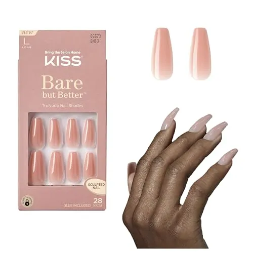 KISS Bare-But-Better Press On Nägel - "Nude Glow" coral nude lang Mandel Coffin Form - Natürlicher TruNude Look in Salonqualität ohne Absplittern - DIY glue on
