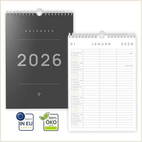 UNITURE® DIN A4 Familienplaner 2026 (15 Monate – bis Dez 2026) | 3 Spalten | Oktober Start | nachhaltig & schmierfrei