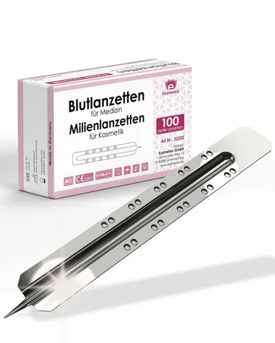 Kosmetex Rasierklingen 100x Einweglanzette - Sterile Milien- und Blutlanzetten mit sicherem Grip. Ideal für präzise Anwendungen in der Kosmetik, Tierpflege und Modellbau. 100 Stück einzeln steril verpackt, Made in Germany.