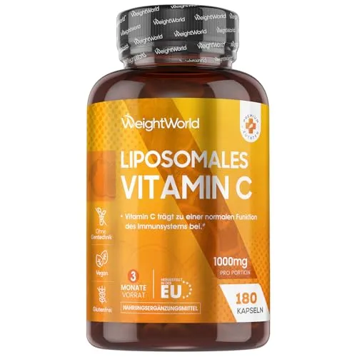 Liposomales Vitamin C - 1000mg Vitamin C mit Hagebutte & Phospholipiden - Vitamin C Präparate mit 1000mg Ascorbinsäure, 100mg Sonnenblumenphospholipiden und 30mg Hagebutte. 180 vegane Kapseln unterstützen das Immunsystem und die Kollagenbildung.