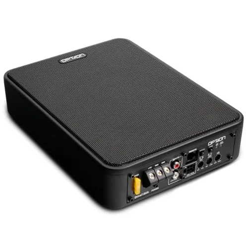 OPTION DRIVE7.6UA Aktiv-Subwoofer - Kompakter Untersitz-Subwoofer mit integrierter Endstufe, 100 Watt RMS Leistung und einfacher Installation für kraftvolle Bässe in jedem Fahrzeug.