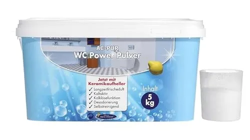 AQUA CLEAN PUR WC Power Pulver 5 kg mit Kalklösefunktion - Effektiver Toilettenreiniger mit Keramikaufheller und Langzeitfrischeduft. Ideal für bis zu 58 Anwendungen. Selbstreinigend durch Aktivschaum, sorgt für strahlende Sauberkeit.