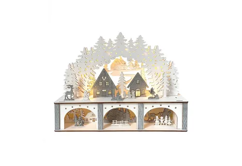 HTI-Living Schwibbogen Dorfidylle Weiß Grau - Schwibbogen mit detailreicher Dorfidylle und 12 warmweißen LED-Lichtern, ideal für festliche Stimmung in der Weihnachtszeit. Batteriebetrieben und perfekt für Fensterbank oder Kaminsims.