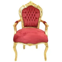 Casa Padrino Barock Esszimmer Stuhl Bordeaux / Gold mit Armlehnen - Luxuriöser Esszimmerstuhl im Barockstil, perfekt für elegante Esszimmer und besondere Anlässe. Hochwertige Verarbeitung in Bordeaux und Gold.