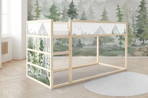 Unik Nordic Aufkleber für IKEA KURA Hochbett, Tannenwald Aquarell 2-Sticker-Set Oben, Bettaufkleber, Sticker für Kinderbett, Möbelfolie fürs Kinderzimmer, Bettfolie für Kinder, Set 2 Teilig