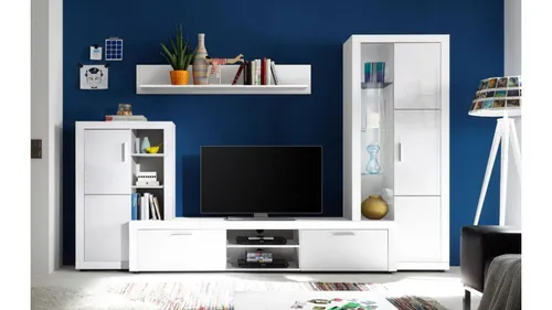 Wohnwand Tuna 2 - Hochglanz Weiß mit LED-Beleuchtung - TV-Möbel & Schrankwände, modernes Design, 270 cm breit, inklusive stilvoller LED-Beleuchtung für eine angenehme Atmosphäre im Wohnzimmer.