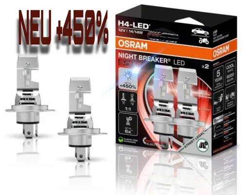 OSRAM NIGHT BREAKER LED SPEED H4 450 - Nachrüstlampe für Fern- und Abblendlicht - Hochleistungs-LED-Lampe mit +450% mehr Lichtausbeute, perfekt für sicheres Fahren bei Nacht.