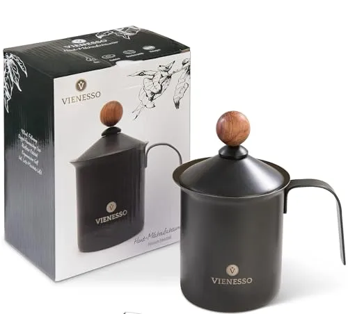 VIENESSO Manuelle Milchaufschäumer aus Edelstahl - Cremiger Milchschaum für Kaffee - Manueller Milchaufschäumer aus Edelstahl mit Doppelsieb für perfekten Milchschaum in nur 30-60 Sekunden. Inkl. gratis Barista E-Book für kreative Kaffeezubereitungen.