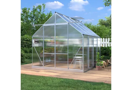 KONIFERA Gewächshaus 240x248 cm mit Fundamentrahmen - Garten-Zubehör, robustes Gewächshaus mit 4 mm Wandstärke, 2 Fenster und Doppelschiebetür für optimale Belüftung und einfaches Pflanzenwachstum.