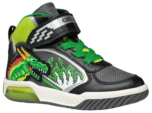 GEOX J INEK BOY Blinkschuh - Sportliche Kinder Sneaker mit cooler Blinkfunktion, ideal für aktive Kids. In bunten schwarz-limette Farben und aus atmungsaktivem Synthetik/Textil gefertigt.