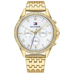 Tommy Hilfiger Multi Zifferblatt Quarz Uhr für Damen - Armbanduhren für Damen mit multifunktionalem Quarz-Uhrwerk, elegantem weißen Zifferblatt und stylischem goldfarbenem Edelstahlarmband, wasserabweisend bis 3 bar.