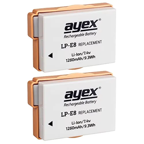 ayex LP-E8 Akku 2er Set für Canon EOS 700D, 650D, 600D, 550D - Kamera-Akkus mit hoher Kapazität von 1120 mAh für längere Aufnahmezeiten und maximale Sicherheit durch integrierten Schutz. 100 % kompatibel mit Canon-Modellen.