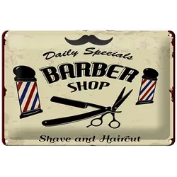 Femer GmbH Metallschild Spruch 20x30cm Barbershop shave and haircut, (1 St), gewölbte Oberfläche, abgerundete Ecken, umgeschlagene Kanten