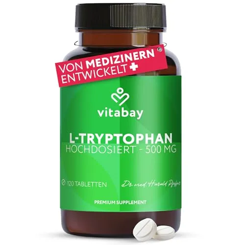 Vitabay L-Tryptophan Hochdosiert 500mg - 120 Tabletten - Aminosäuren für besseren Schlaf - Hochwertige, vegane L-Tryptophan Tabletten mit 500mg pro Kapsel, laborgeprüft und frei von unerwünschten Zusatzstoffen.