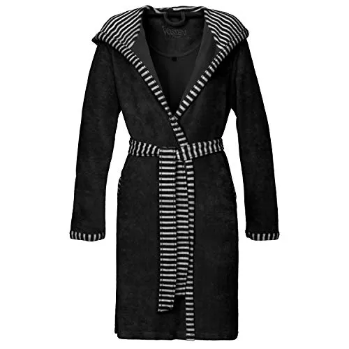 Vossen Damen Bademantel Juno Graphit S - Eleganter Damenbademantel in Graphit, aus 80% Baumwolle und 20% Polyester, mit praktischen Leistentaschen und stylischer Innenkapuze im Streifendesign.