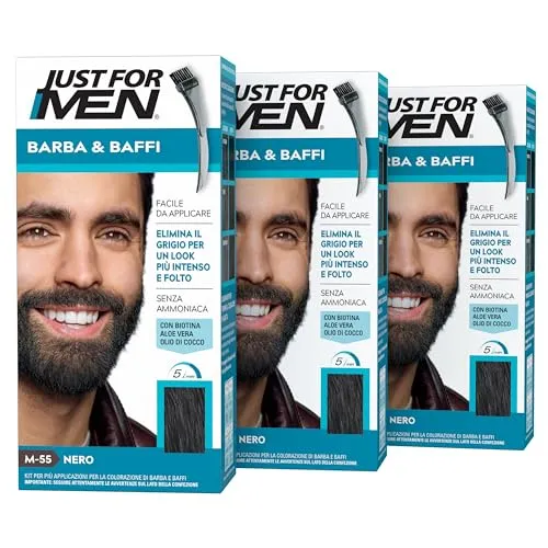 Just For Men Barba & Baffi, Tinta Per Barba Uomo, Tintura Senza Ammoniaca, Elimina I Peli Grigi, Con Pettine Applicatore, Colore Nero, M55 (3 Pack)