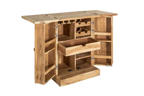 Barschrank aufklappbar aus Akazienholz – Flexibel und stilvoll - Praktischer Barschrank aus massivem Akazienholz, ideal für stilvolle Wohnräume. Verstellbare Breite von 650-1300 mm und zusätzliche Schublade bieten viel Stauraum.