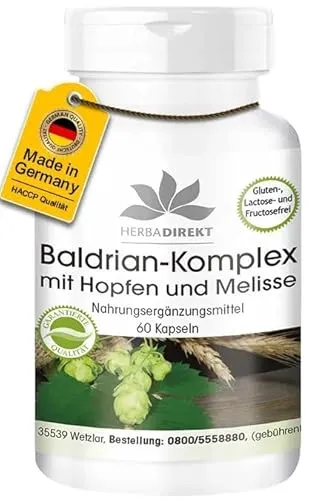 Baldrian-Extrakt Plus mit Hopfen und Melisse - 60 Kapseln - vegan | HERBADIREKT by Warnke Vitalstoffe - Deutsche Apothekenqualität
