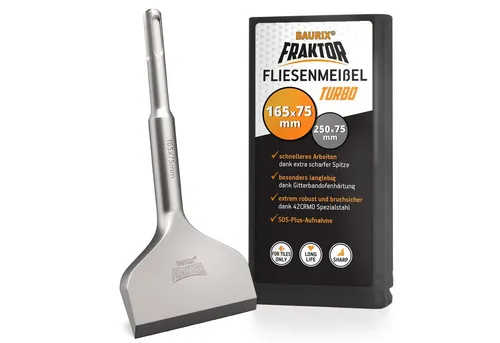 BAURIX Flachmeißel SDS Plus FRAKTOR®-System 165 mm - Effizienter Fliesenmeißel für SDS Plus, ideal zum mühelosen Entfernen von Fliesen. Die selbstschärfende Schneide und der bruchsichere Schaft garantieren hohe Abtragsleistung und Langlebigkeit.